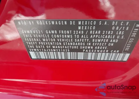 2016 Volkswagen Jetta 1.8T Sport из США, поврежденный, VIN 3VWD17AJ3GM231025